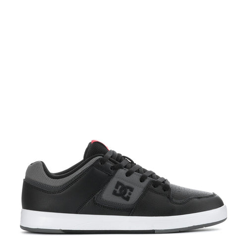 Men's black and grey sneakers with DC logo patch and lace-up design