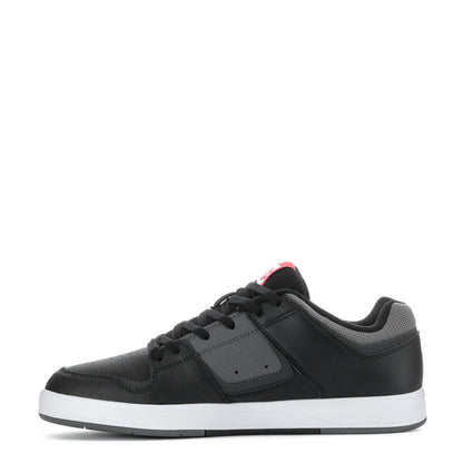 Men's black sneakers, side view with mesh panels and DC logo on quarter