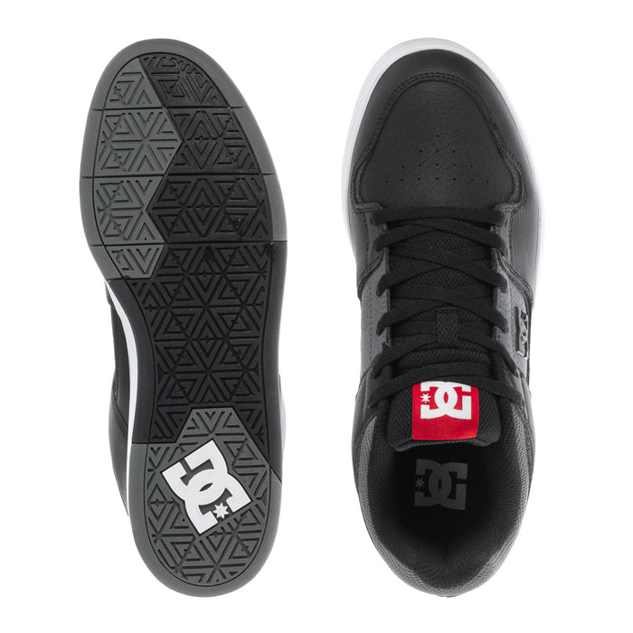 Men's black sneaker sole and side, DC emblem on outsole and lace-up upper