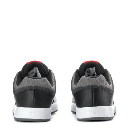Men's black sneakers heel view with red DC tab and cushioned collar