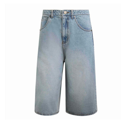 Light blue denim shorts for men with button fly and belt loops, straight knee hem.
