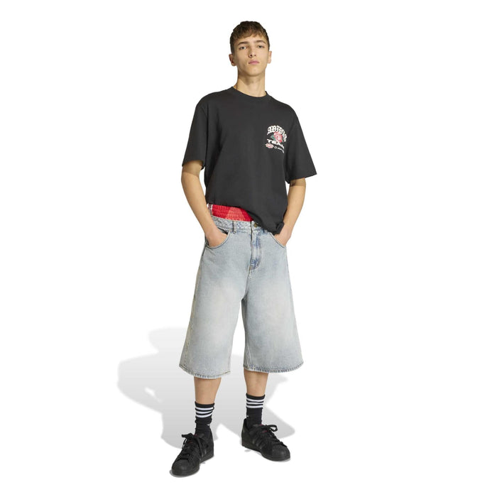 Light blue denim knee-length shorts with embroidered logo and stitched cuff hem.