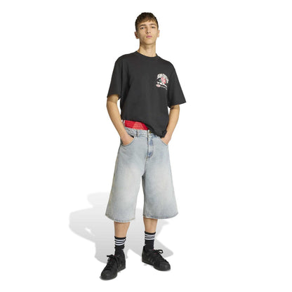 Light blue denim knee-length shorts with embroidered logo and stitched cuff hem.