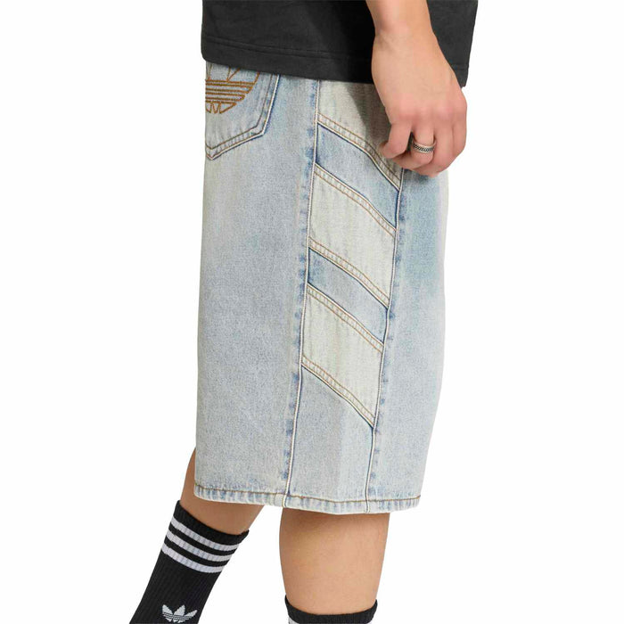 Light blue denim shorts with contrast yoke panel stitching and side seam detailing.