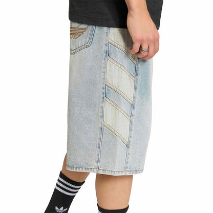 Light blue denim shorts with contrast yoke panel stitching and side seam detailing.
