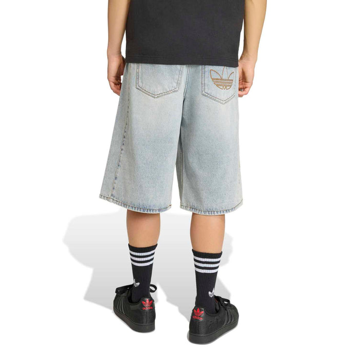 Light blue denim knee-length shorts with two back patch pockets and trefoil logo.