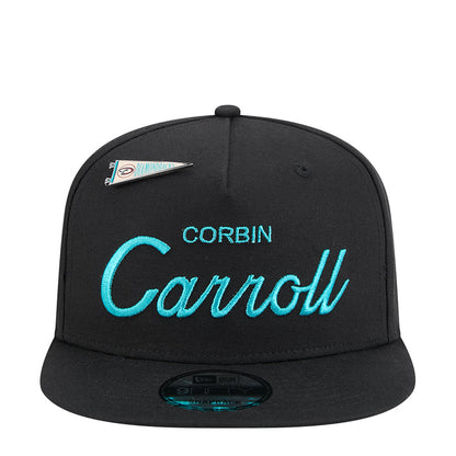 Black A-frame baseball cap with teal Corbin Carroll front logo and Diamondbacks pin