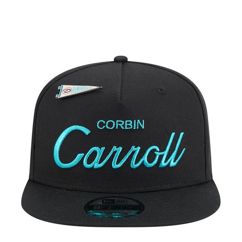 Black A-frame baseball cap with teal Corbin Carroll front logo and Diamondbacks pin