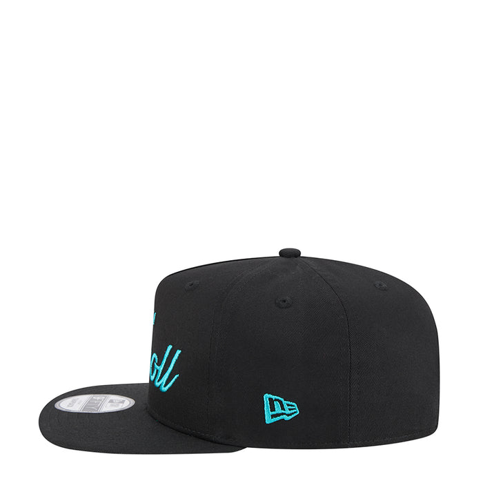 Black A-frame baseball cap with teal script on side and New Era logo on panel
