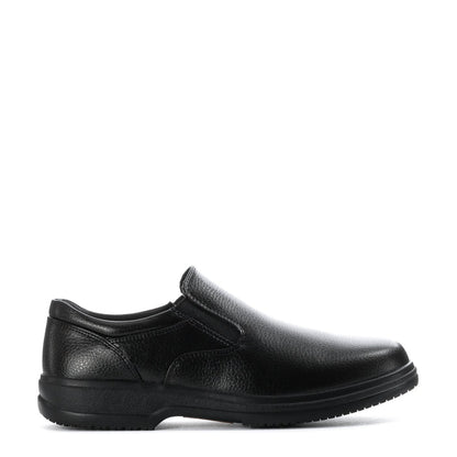 Black men's slip-resistant loafer-style shoes, side profile with smooth upper