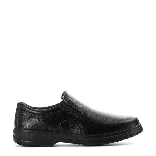 Black men's slip-resistant loafer-style shoes, side profile with smooth upper