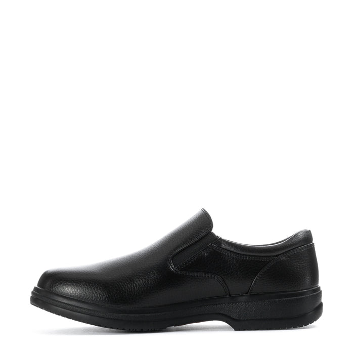 Black men's slip-resistant loafer-style shoes, angled side view with stitched panel