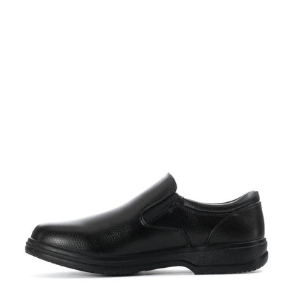 Black men's slip-resistant loafer-style shoes, angled side view with stitched panel