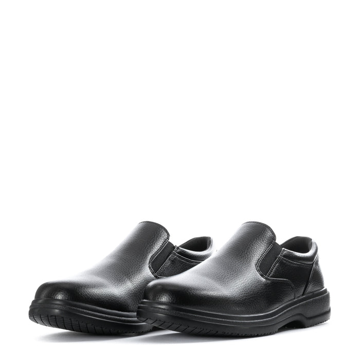 Black men's slip-resistant loafer-style shoes, front side view with elastic collar