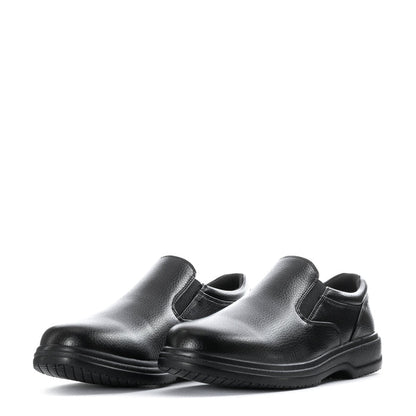 Black men's slip-resistant loafer-style shoes, front side view with elastic collar