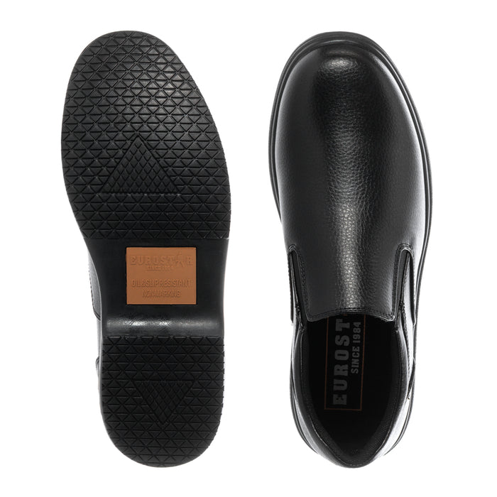 Black slip-resistant shoe outsole tread and inside view of loafer