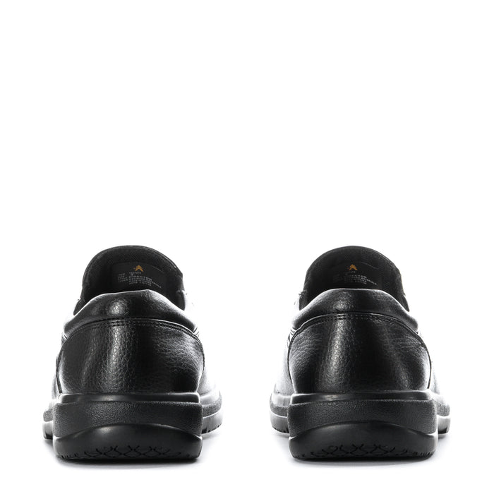 Black men's slip-resistant loafer-style shoes, rear view with cushioned heel