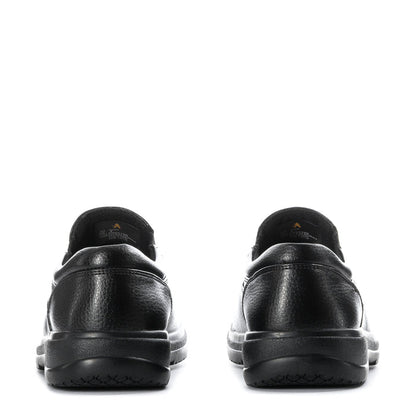 Black men's slip-resistant loafer-style shoes, rear view with cushioned heel