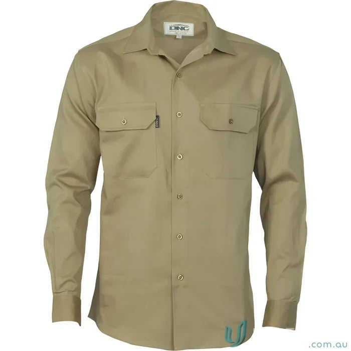 Khaki cotton drill work long-sleeved button-down shirt from DNC Cotton Drill Work collection