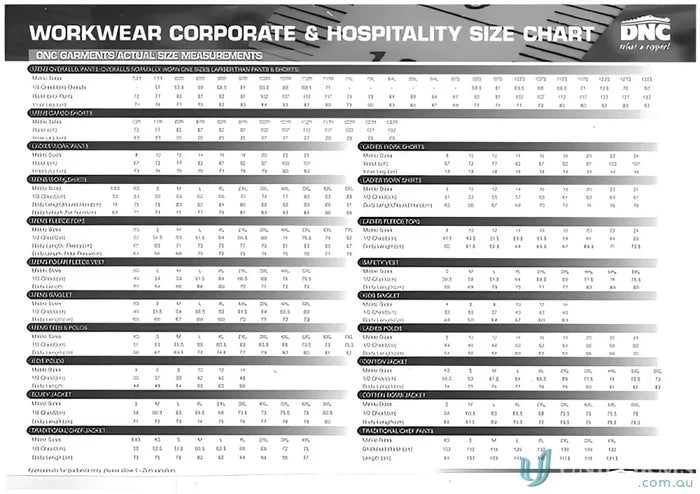 Workwear size chart for DNC Cotton Drill Work L/S Shirt in corporate and hospitality sizes