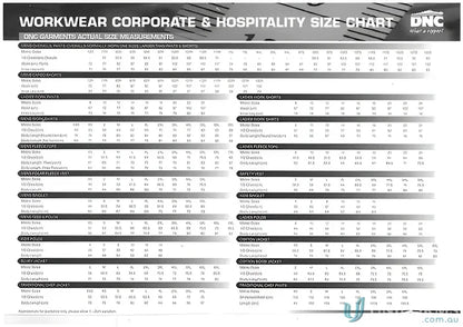 Workwear size chart for DNC Cotton Drill Work L/S Shirt in corporate and hospitality sizes