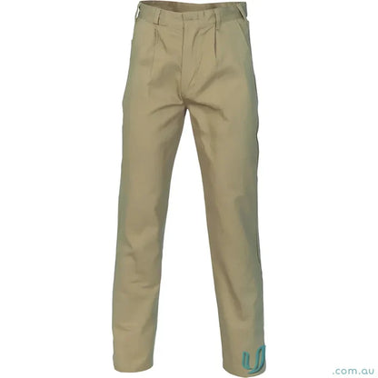 Khaki pleated cotton drill work trousers with heavy-duty nylon zip for tough drill work pants