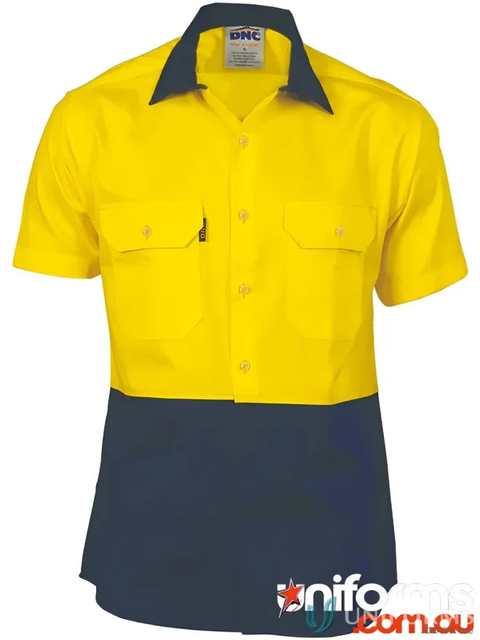 Yellow and navy DNC HiVis Cotton Shirt with metal buttons for cool work style