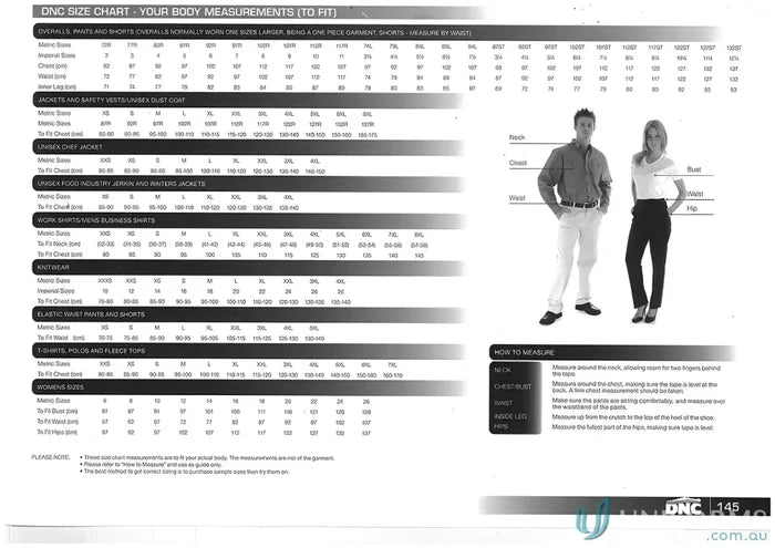 Clothing size chart for DNC HiVis Cotton Drill Two Tone Uniforms Shirt