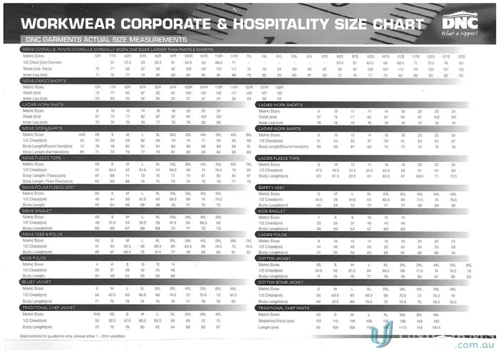 Workwear size chart for DNC Lightweight Cool-Breeze Cotton Cargo Pants