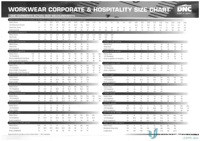 Clothing size chart for DNC Lightweight Cotton Work Pants, perfect for lightweight cotton work gear