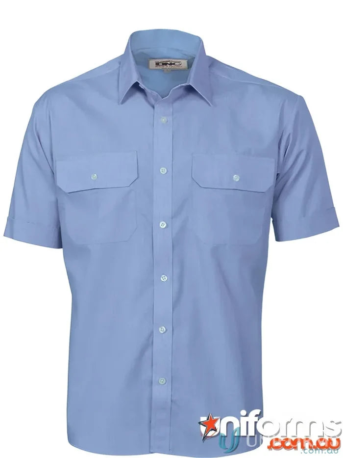 Light blue short-sleeved work shirt perfect for uniforms and workwear from DNC PolyCotton