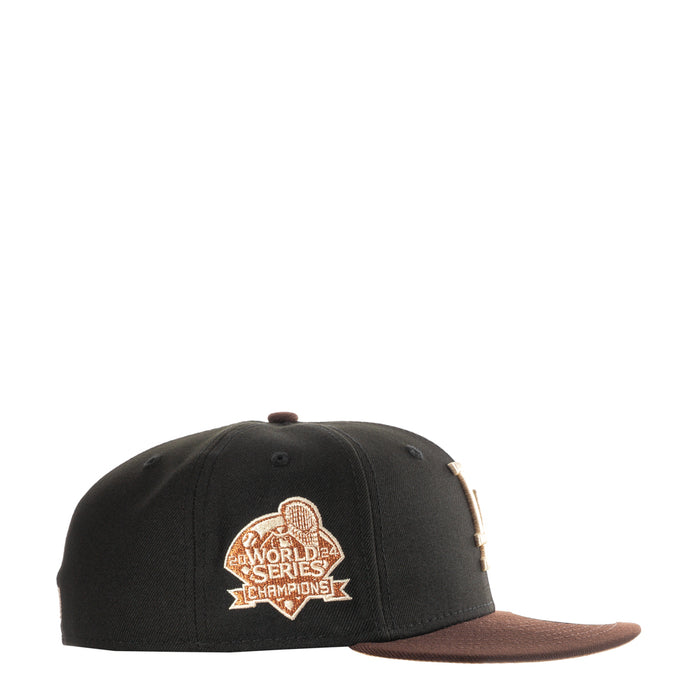 Two-tone black and brown baseball cap with World Series Champions side patch