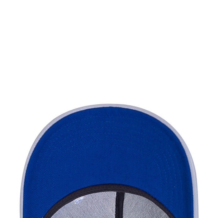 Two-tone Los Angeles Dodgers strapback cap close-up of blue crown and gray underbrim