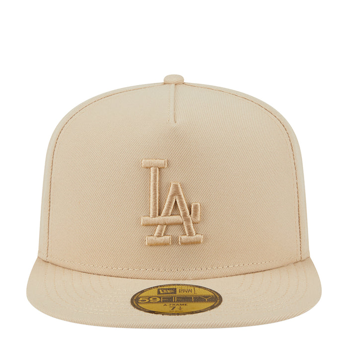 Beige A-frame baseball cap with raised LA logo on the front and stitched brim