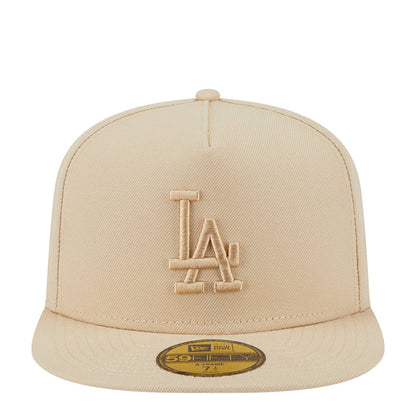 Beige A-frame baseball cap with raised LA logo on the front and stitched brim
