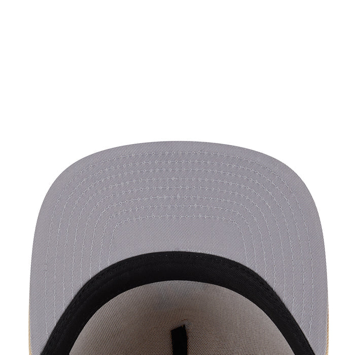 Gray baseball cap close-up with black inner band and textured top panel