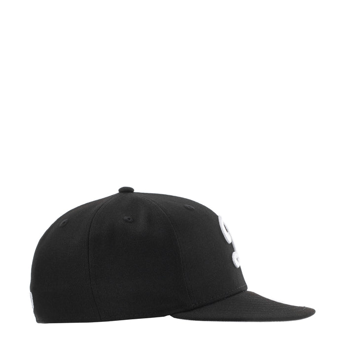 Black baseball cap with side logo patch and curved brim