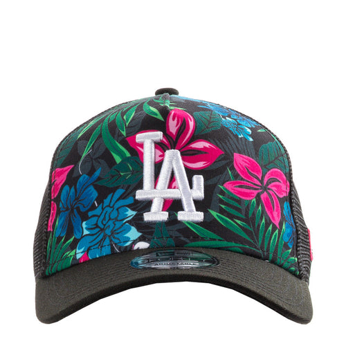 Black trucker cap with colorful hibiscus floral front and LA logo patch