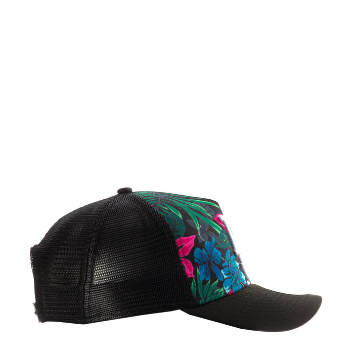 Black mesh back trucker cap with tropical hibiscus floral side panel
