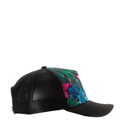 Black mesh back trucker cap with tropical hibiscus floral side panel