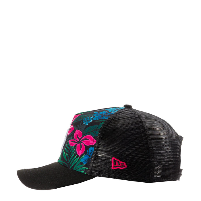 Black trucker cap with pink and blue hibiscus floral front and New Era logo