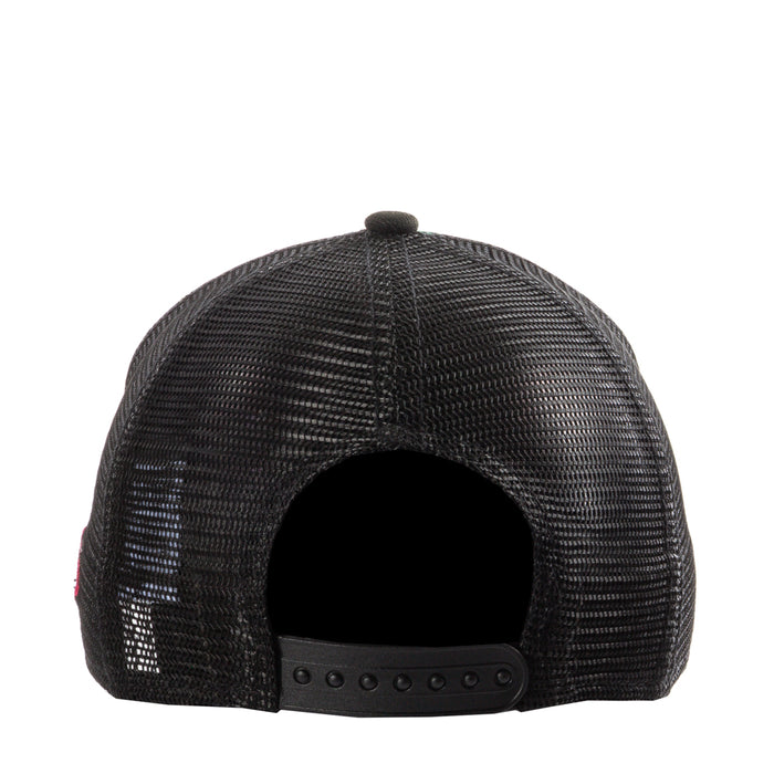 Black mesh trucker cap with snapback strap back panel