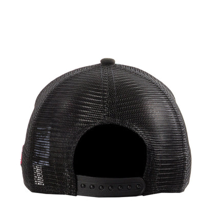 Black mesh trucker cap with snapback strap back panel