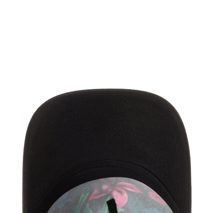 Black trucker cap with colorful hibiscus floral band at the inner brim