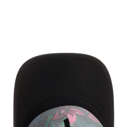 Black trucker cap with colorful hibiscus floral band at the inner brim
