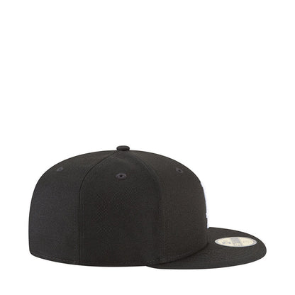 Black baseball cap with curved brim and no front graphics visible