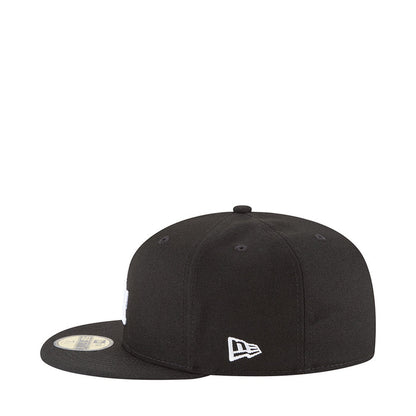 Black baseball cap with small white New Era logo on side panel