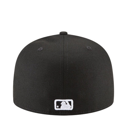 Black baseball cap with white MLB logo patch on back panel