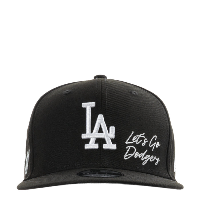 Black baseball cap with white LA logo and 'Let's Go Dodgers' script on front