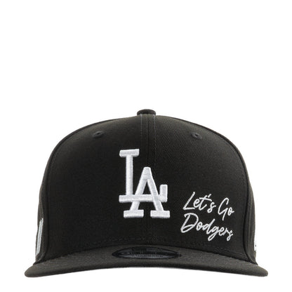 Black baseball cap with white LA logo and 'Let's Go Dodgers' script on front